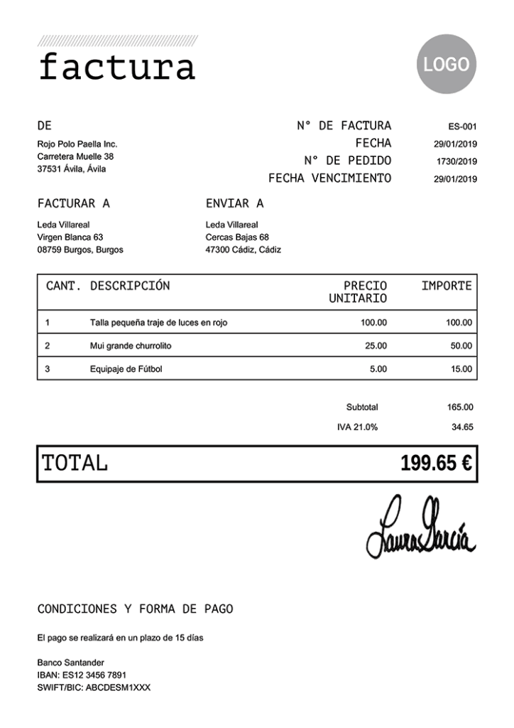 Modelo de factura rellena